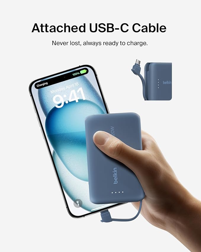 Belkin Portable Charger, Portable Power Bank with Integrated Cable 10000 mAh 20W - Fast Charge USB C Power Delivery, iPhone Charger - iPhone 16 Series, iPad Pro, Galaxy S25, & More - Blue
