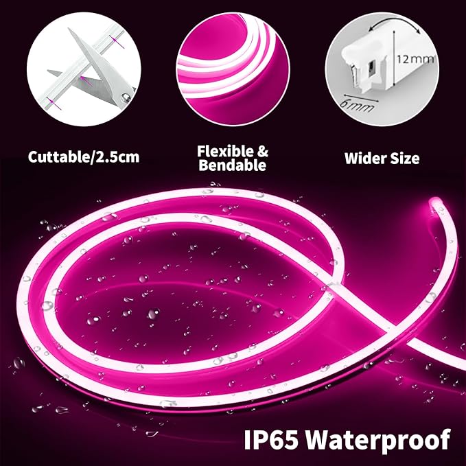 iNextStation 12V Pink LED Strip Lights 16.4FT, Flexible Silicone Neon Rope Light, Waterproof, Cuttable, Dimmable & Linkable, for Cabinet, Ceiling, Wall, Bedroom, Kitchen, Garage (No Adapter)
