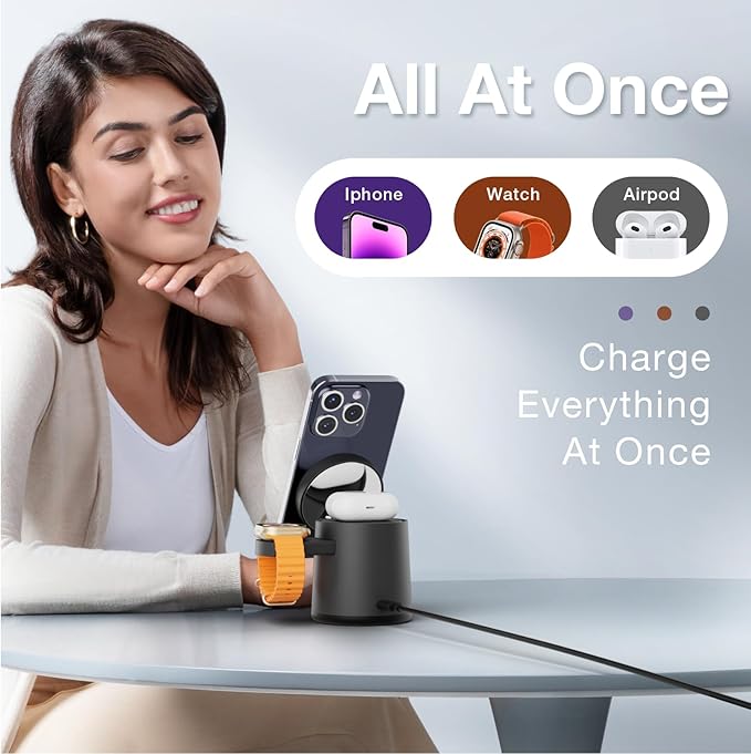 2025 Upgrade 3 in 1 Charging Station for Apple MagSafe Charger, Adjustable Portable Wireless Charging Stand, Fast Wireless Charger Dock for iPhone 16 15 14 13 12 Pro Max & Apple Watch AirPods (Gray)