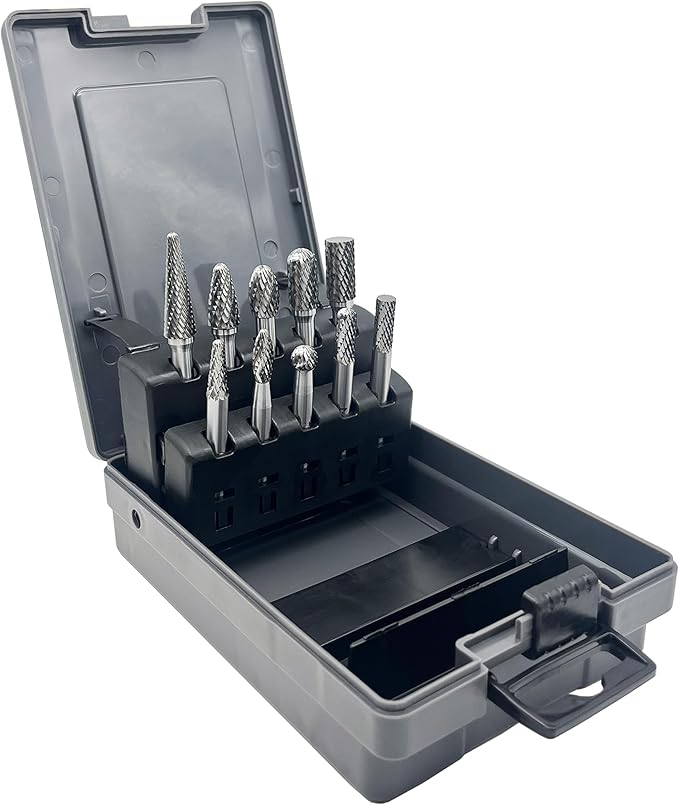 LU&MN Die Grinder Bits, Double Cut Solid Carbide Rotary Burrs Set with 1/4 Inch Shank for Metal Carving, Polishing, Engraving, and Drilling (10 Pcs-Set)