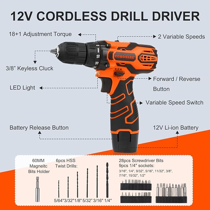 COMOWARE 195PCS Home Tool Kit with 12V Cordless Power Drill, Drill Set for DIY Maintenance & Repair, Tool Set with Storage Case, Orange