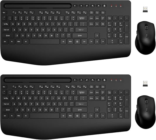 Wireless Keyboard and Mouse Combo 2 Pack - Full-Sized Ergonomic Keyboard with Wrist Rest, Phone Holder, Sleep Mode, Silent 2.4GHz Cordless Keyboard Mouse Combo for Computer, Laptop, PC, Mac, Windows