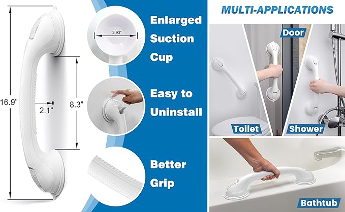AirTight® Grab Bars for Shower Heavy-Duty (2Pack) 16-Inch ADA Compliant Grab Bar for Seniors Shower Handles for Elderly Suction Handicap Safety Handrail for Bathroom Bathtubs Toilet Tiles White