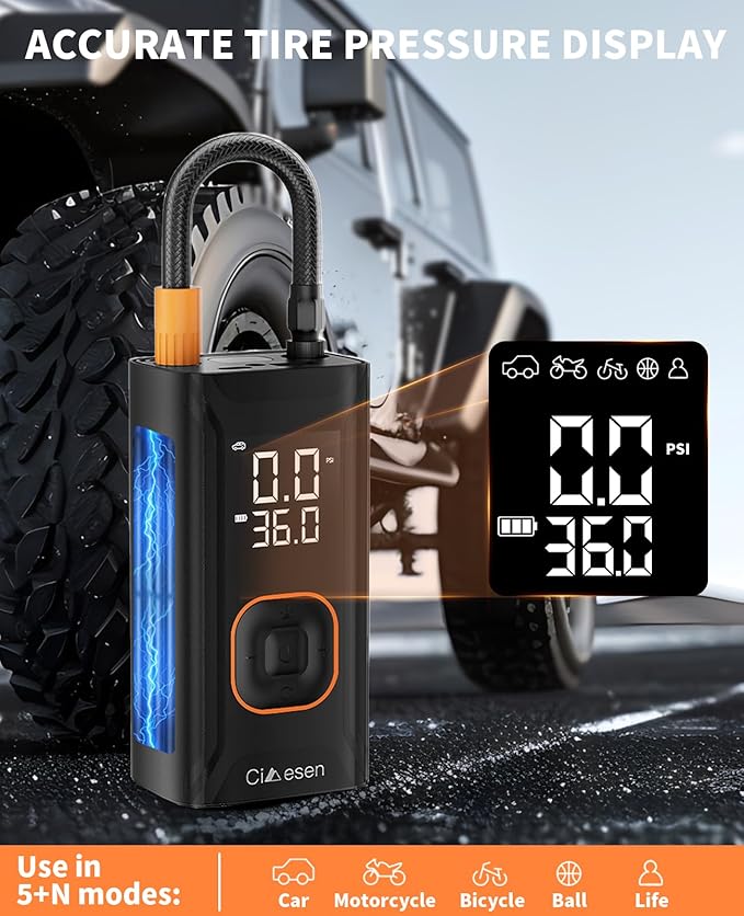 Tire Inflator Portable Air Compressor, 150PSI Portable Air Compressor with Accurate Pressure Gauge E-Bike Inflation Cordless Air Pump for Bike Pump Car Motorcycle Ball