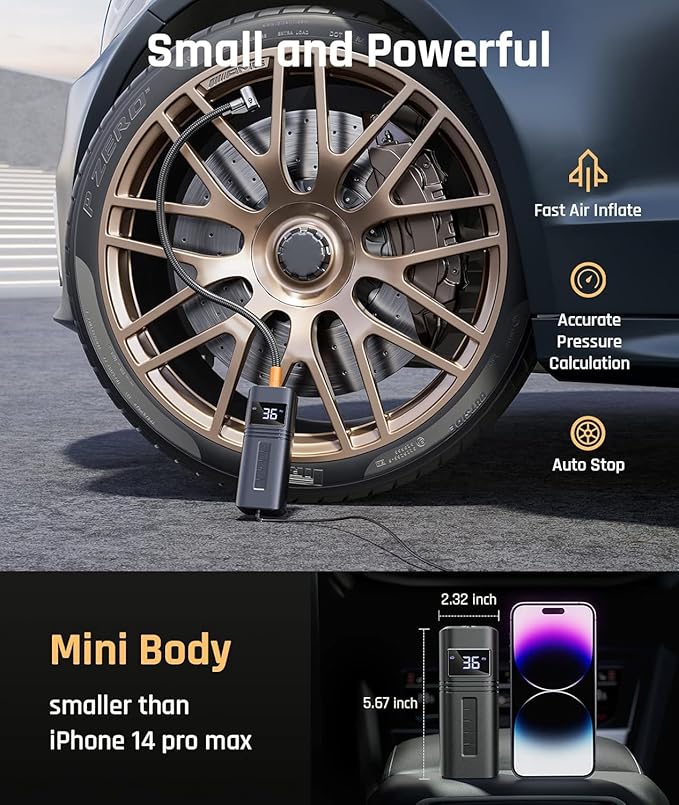 Tire Inflator Portable Air Compressor Car Tires, 38L/min Fast Inflate, 12V DC Air pump for Car Tires, Powerful & Small, Car Tire Pump LED Light - Only Compatible with Car Cigarette Lighter