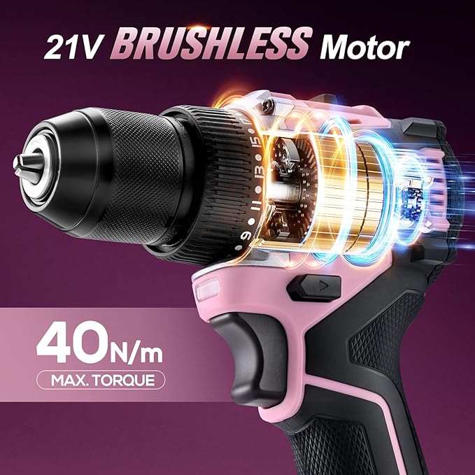 21V Lithium-Ion Cordless Drill Set, Brushless, Compact Type, including Battery, Charger and 3/8-inch Keyless Chuck; Cordless Lithium-Ion Drill Kit (Pink)