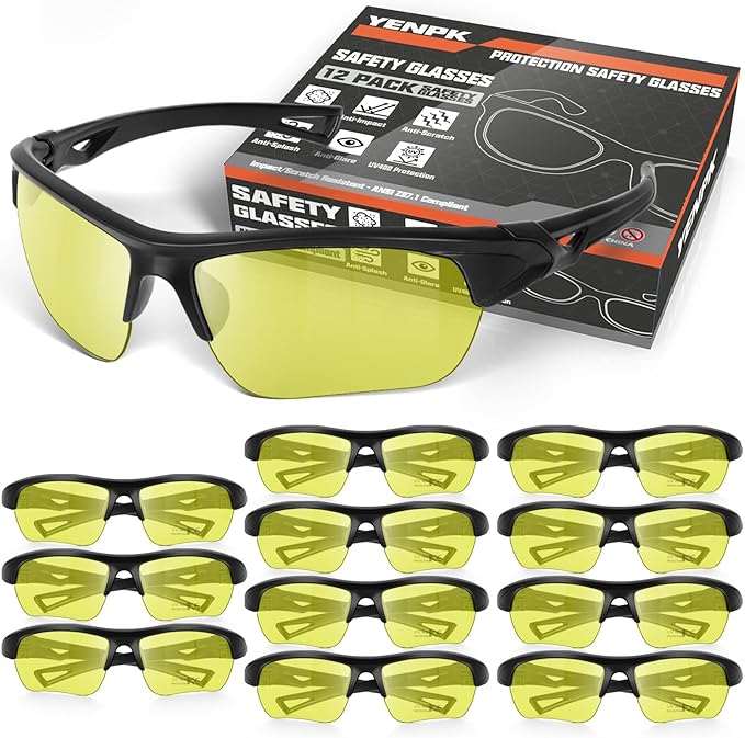 12 Pack Safety Glasses, UV Protective Eyewear, ANSI Z87.1 Impact Resistant Anti-Scratch Safety Goggles for Men Women