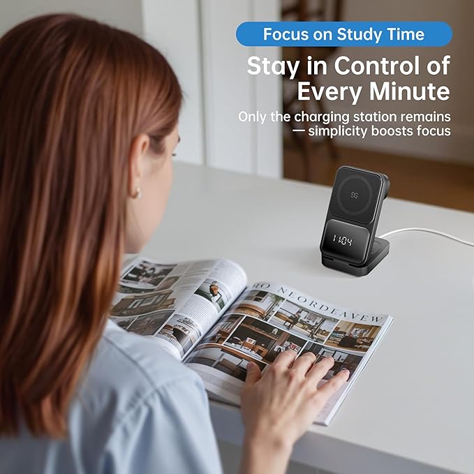 GUSGU 3 in 1 Wireless Charging Station with Real-Time Power and Time Display, Foldable Charging Stand, Compatible with iPhone 17/Air/16/15/14/13/, Apple Watch Series 11/SE3/ Ultra 3, AirPods Pro 3