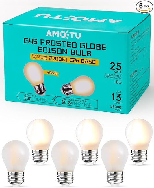 Frosted 25 Watt Light Bulbs E26 Warm White 2700k Dimmable Small Vintage Edison Bulbs G45 Low Watt Globe for Ceiling Fan,Pendant Lights,Vanity Light,Table Lamp,Bedroom and Bathroom Create Cozy Ambiance