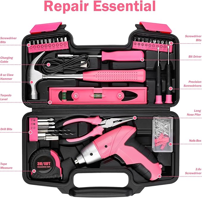 Electric Screwdriver Tool Set 112PCS, Home Tool Kit with 3.6V Small Power Cordless Screwdriver for Women, Pink