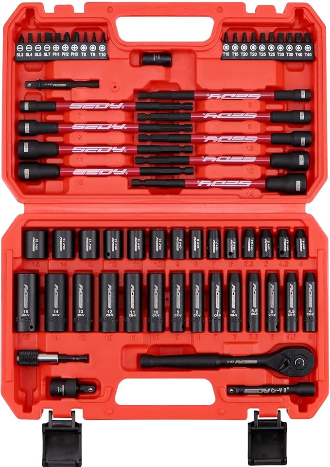 63-Piece Metric 1/4" Drive Socket Set & Nut Driver Set, Impact Standard & Deep Socket Set (4-15mm), 1/4" Hex Shank 6" Magnetic Nut Drivers, Extension Bar, Quick-Release Ratchet handle, Universal Joint