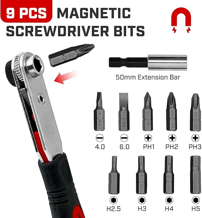 Angle Ratchet Screwdriver Set: 10 Piece Magnetic Bit with 90 degree Mini Offset Low Profile Reversible Drive Handle - DIY Bike Tight Spaces