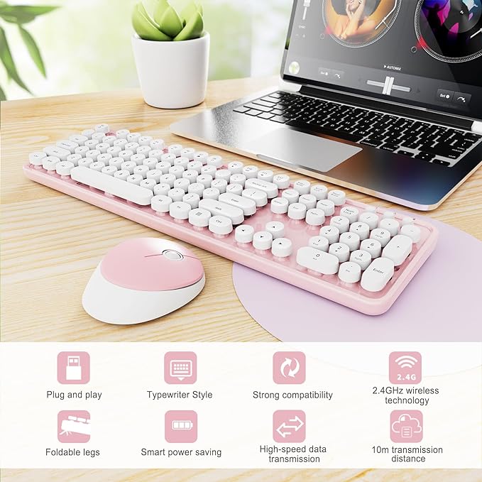Wireless Keyboard and Mouse Combo, Ergonomic Full Size Typewriter Retro Round Keycaps Keyboard, Compatible with Windows, PC, Perfer for Home and Office Keyboards (Lovely Pink)