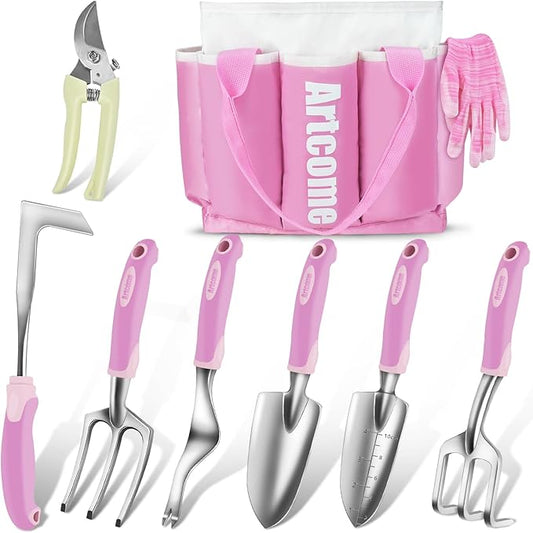 Artcome 9 PCS Garden Tool Set - Complete Garden Tool Kit with 7 Heavy Duty Garden Tools, Bag & Gloves - Uniform Pink Set - Garden Tool Set with Soft & Comfortable Grip - Ideal Gift for Women