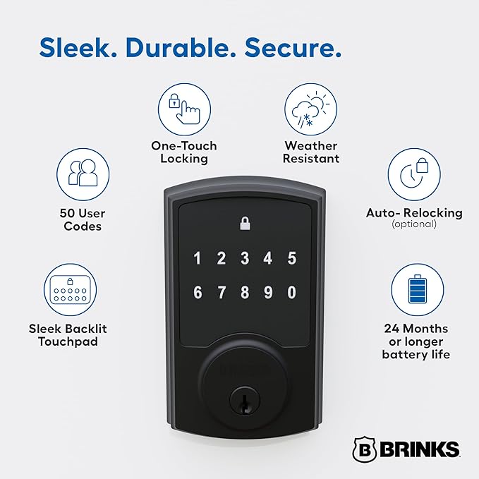 Brinks Keyless Entry Electronic Touchpad Door Lock -Backlit Keypad Deadbolt with Advanced Security, Custom User Codes, Auto-Lock, for Front Door, Home or Office, Matte Black