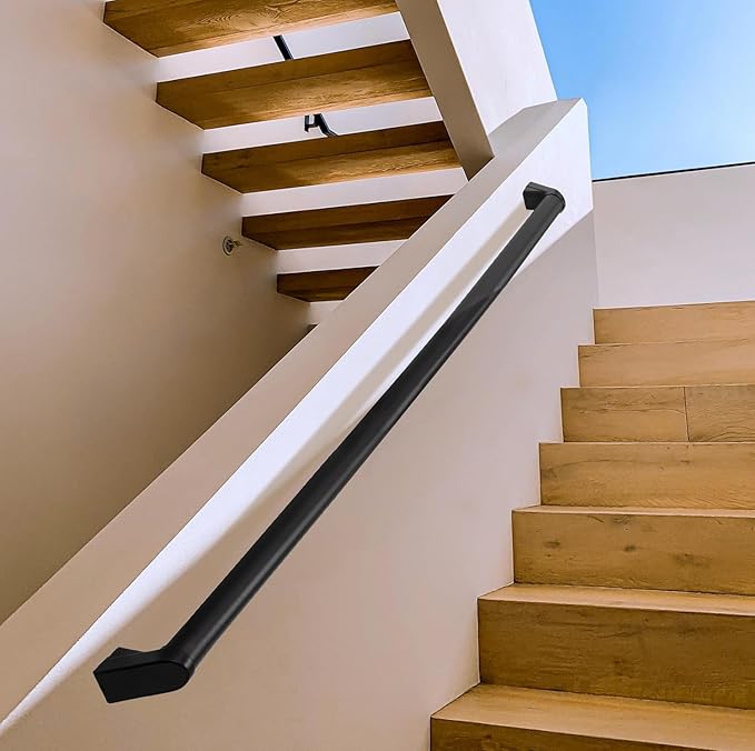 Handrails for Indoor Stairs,Railings，Stairs Handrail，Modern Aluminum Handrail Set, Wall Mounted，Matte Black Rust Free. (Matte Black, 5 FT- Two Joined Pieces)
