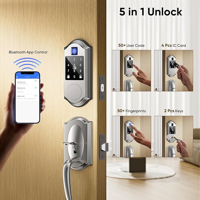 Fingerprint Smart Front Door Lock Set, Keyless Entry Door Lock & Front Door Handle Set, App Control, Digital Touchscreen Keypad, Smart Locks for Front Door, Easy Install,Satin Nickel