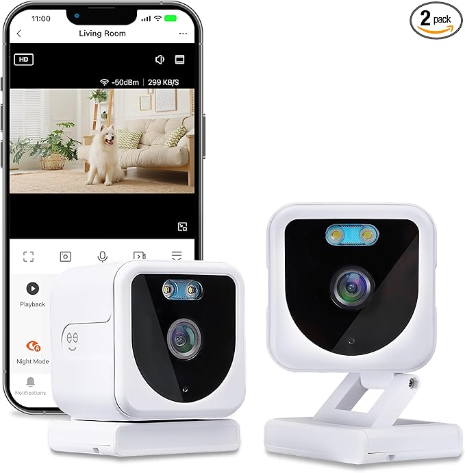 Geeni Mini 1080P Indoor/Outdoor Security Camera 2-Pack, Smart WiFi Cameras with Motion & Sound Detection, Night Vision, 2-Way Audio, Cloud & MicroSD Card Storage, Compatible with Alexa & Google