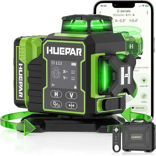 Huepar 2024 New Construction Laser Level 3x360 Self Leveling, 3D 12 Lines Bluetoothed Laser Level with Electric Rotating Base ＆ Large LCD Screen, 3 Planes Green Cross Lazer Leveler Tool W03CG