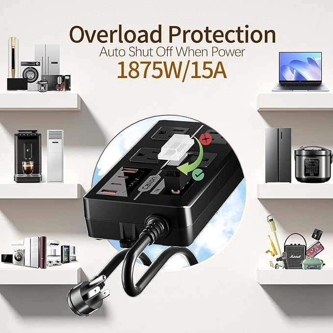 IPX6 Outdoor Power Strip Weatherproof, Waterproof Surge Protector with 4 Wide Outlet with 2A2C USB Ports, 15FT Long Extension Cord, Wall Mountable for Outside Decorations and More UL Listed(Black)