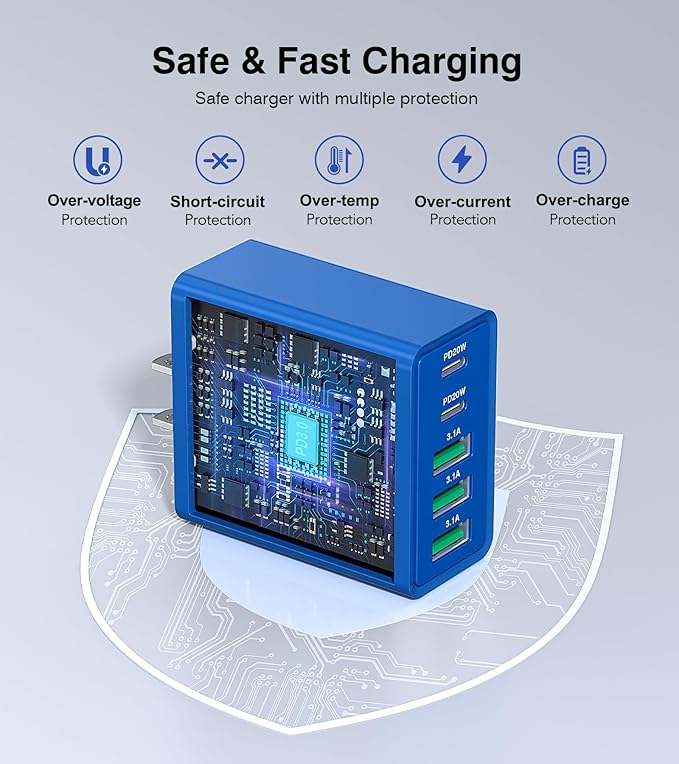 USB C Wall Charger, 50W USB C Charger Block 2-Pack 5-Port PD Fast Charging Blocks,Multiport 2USB C+3USB A Plug,Type C Power Adapter Brick Cube for iPhone 16/15/14/13,Samsung,for Switch（Dark Blue）