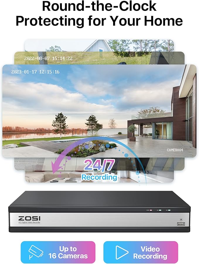 ZOSI H.265+ 16CH Security Camera System with AI Human Vehicle Detection, 16CH DVR with 4TB HDD for 7/24 Record, 16 x 1080p CCTV Camera Outdoor Indoor with 80ft Night Vision°Wide Angle, 90°Wide Angle