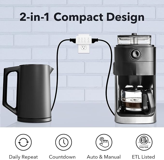 BN-LINK Indoor Countdown Timer with Repeat Function, Digital Timer for Electrical Outlets, Heavy Duty Accurate Compact Size for Appliance, 2-Outlets, 3-Prong Grounded Outlet, 15A/1875W ½ HP ETL Listed