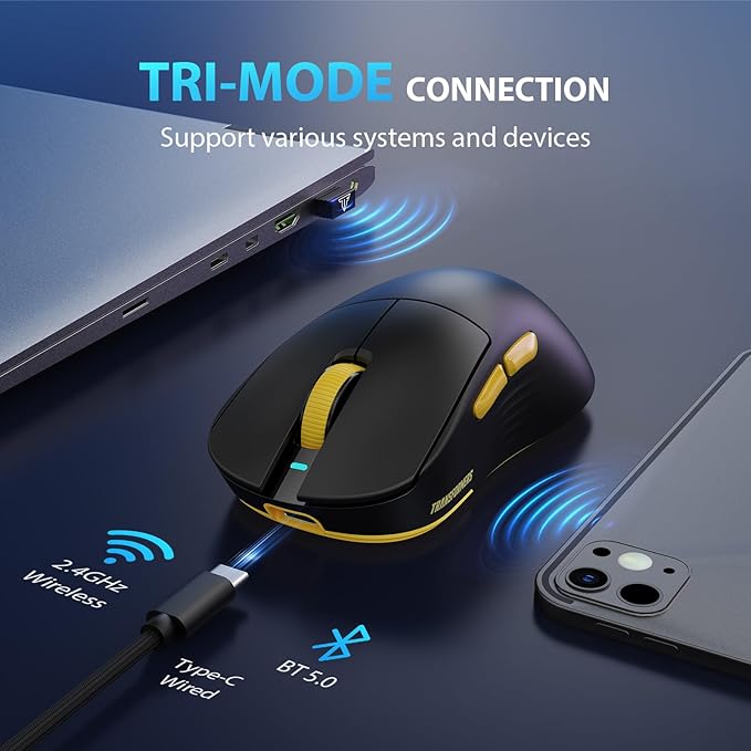 Transformers GM04 63g Lightweight Wireless Gaming Mouse, 12000 DPI, PAW3311 Sensor, 100h Battery Life, 2.4G/USB-C/Bluetooth Wireless Mouse with 5 Programmable Buttons for PC/Mac/Laptop(Black)