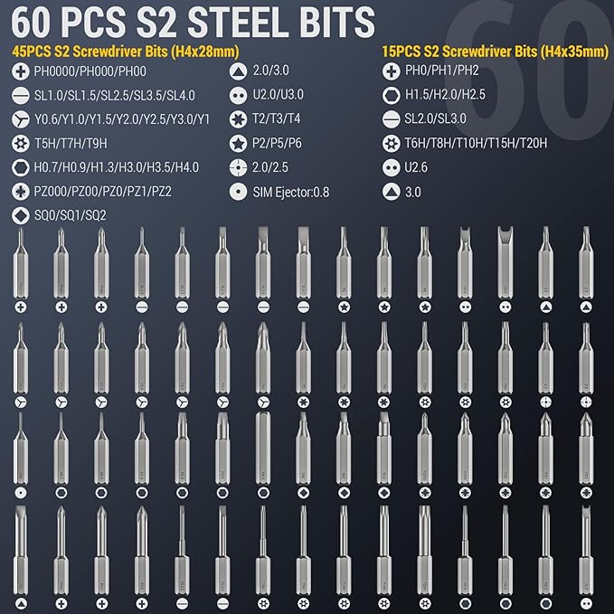 PHALANX Mini 3.7V Electric Screwdriver - Precision Screwdriver Set with 60-in-1 Magnetic Bits, Magnetic Rotatable Rack, 5/32''Hex, Electric Screw Driver Cordless for Phone, Camera, Laptop, Watch