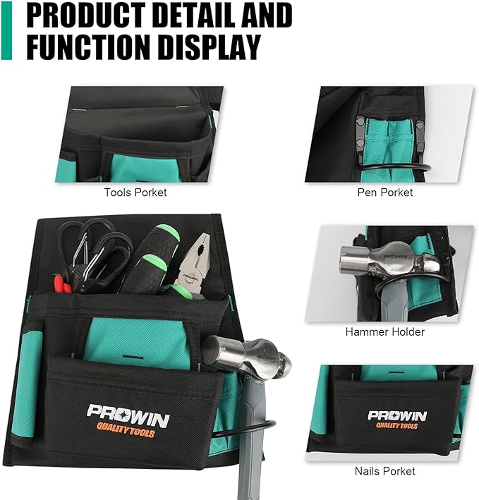 PROWIN Heavy Duty Waterproof Tool Bag with Adjustable Belt, Multi-Size Carpenter, Plumber, Electrical Garden Tool Pouch with Hammer Holder, Abrasion-Resistant Large Capacity FITS UP T0 48" WAISTS