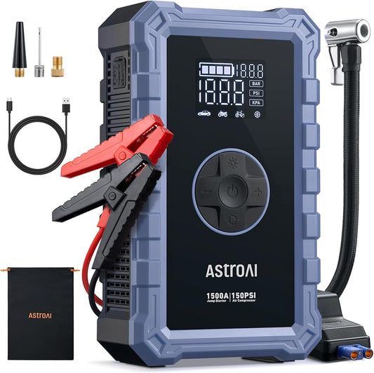AstroAI S8 Air Jump Starter with Air Compressor, 1500A Peak Car Battery Jump Starter Portable (6.0 Gas/3.0L Diesel) with 150PSI Auto-Shutoff Tire Inflator, 12V Battery Charger Booster(Blue-Gray)