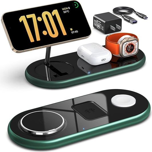 3 in 1 Charging Station for Apple Devices, Faster Mag-Safe Charger Stand, Magnetic Wireless Charger Station for iPhone 16 15 14 13 12 Pro Max Plus, Apple Watch iwacth & AirPods, (Alpine Green)