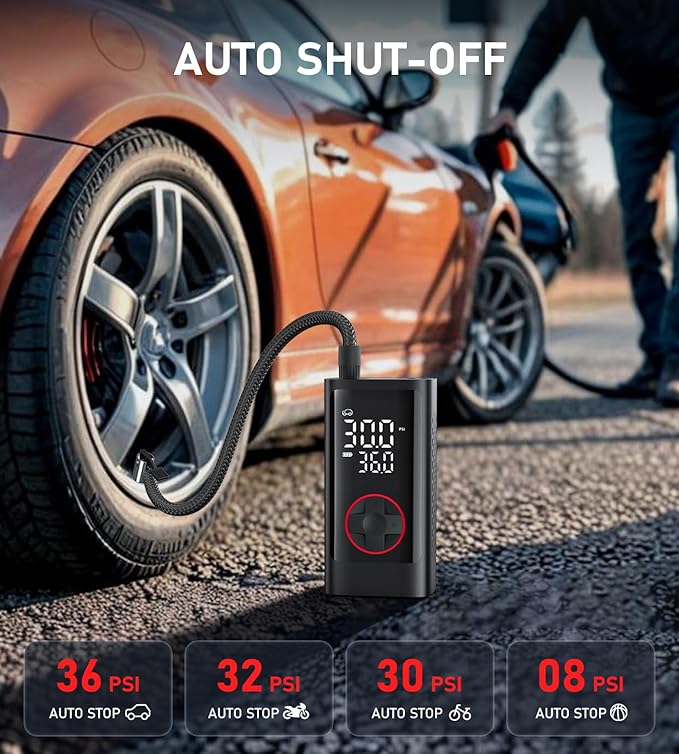 Tire Inflator Portable Air Compressor, 150PSI Cordless Air Pump for Car Tires, Electric Bike Tire Pump with Pressure Gauge, Auto Shut Off, LED Light for Car Motorcycle Bicycle Ball