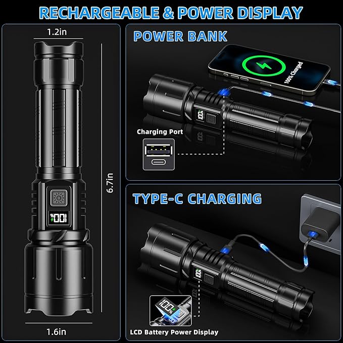 Rechargeable Flashlight 3000 High Lumens, LED Super Bright Flash Light, Tactical Flashlights with LCD Power Display, 6 Modes, Waterproof, Brightest Flashlight for Emergencies Camping