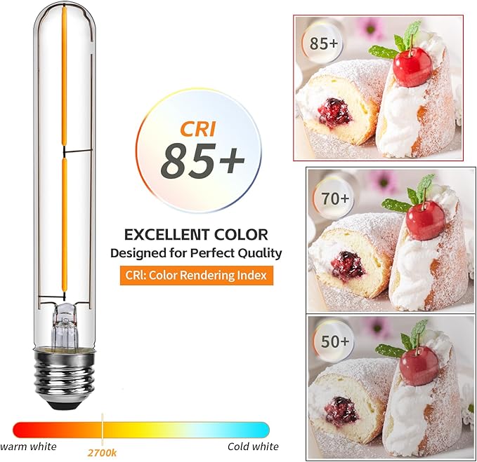 Long T10 LED Bulb, 7.3in Vintage Edison Dimmable Bulb 4W 2700K Warm White Tubular Bulbs, E26 Medium Base Amber 400LM 40W Equivalent for Cylinder Pendant Wall Sconces Chandelier Vanity 6Pack