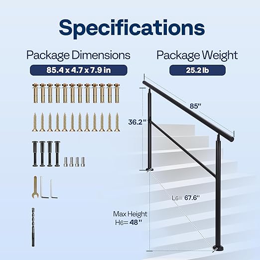 VIVOHOME 2-Pack 6 Step Hand Rails for Outdoor Steps, Galvanized Steel Railing, Black Round Exterior Handrails for Porch, Deck, or Indoor Stairs, Complete Installation Kit