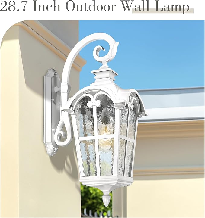 Emliviar 1-Light 28.7" Wall Sconce with Water Grain Glass, Vintage Farmhouse Wall Lamp for House Porch, White Finish in Die-cast Aluminum, WE215BL WH