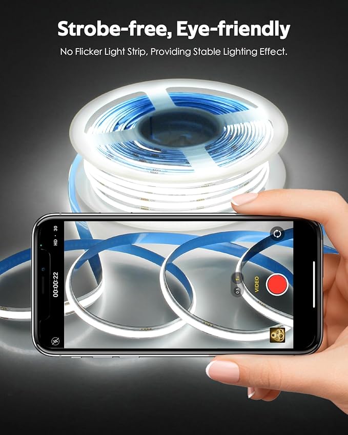 Dimmable COB Led Strip Lights for Bedroom 24V 6500K 100FT 480LED/M Hight Density Bright White Bluetooth Flexible COB LED Tape Lights with Remote Cold White CRI90+ for Cabinet Home Lighting 30M/2roll