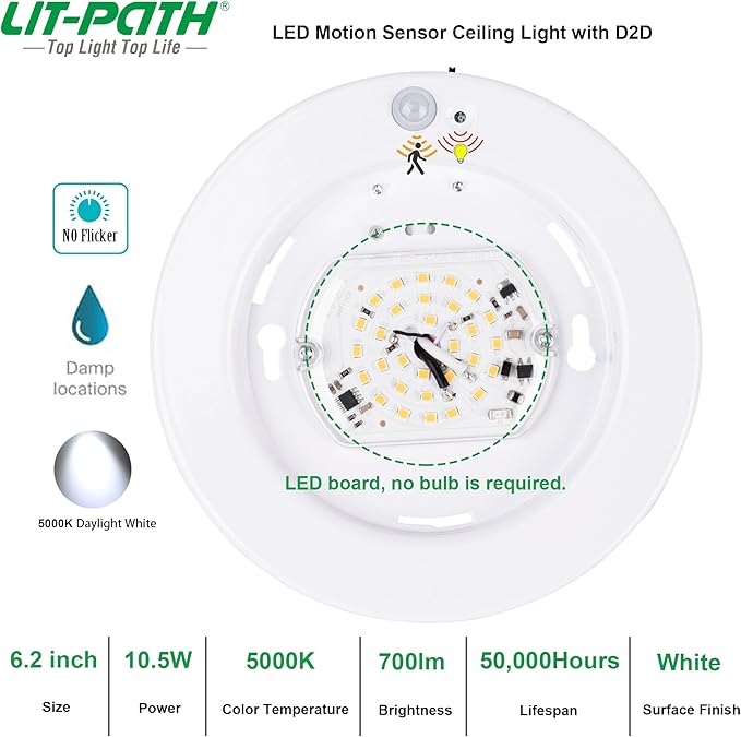 LIT-PaTH LED Flush Mount Ceiling Light, Closet Lighting Fixture with Motion Sensor and Dusk to Dawn, 10.5W, 800 Lumen, 6.2 Inch, Anti-Rust Galvanized Housing, White Finish 5000K 1-Pack