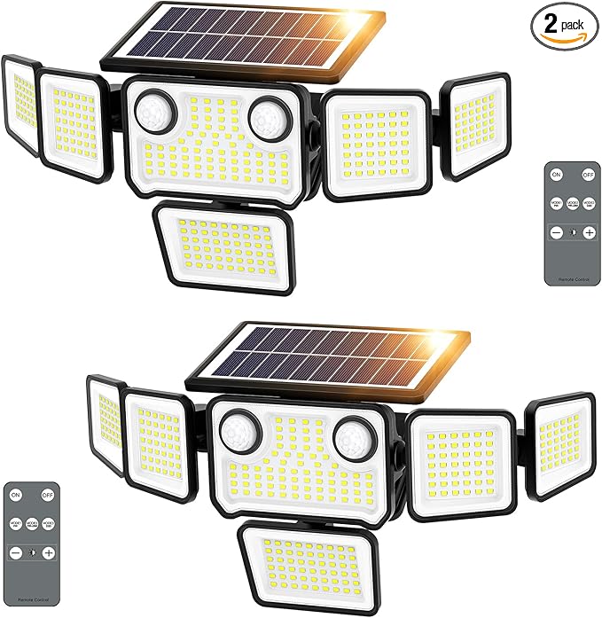 6000LM Solar Lights Outdoor Waterproof, 6 Heads Solar Flood Lights Outdoor with 2 Motion Sensor, 310 LED Motion Light with Remote Control for Yard Outside House Patio 2 Pack