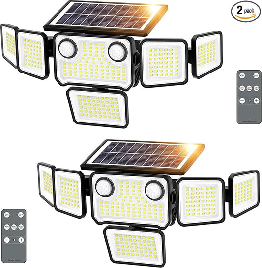 6000LM Solar Lights Outdoor Waterproof, 6 Heads Solar Flood Lights Outdoor with 2 Motion Sensor, 310 LED Motion Light with Remote Control for Yard Outside House Patio 2 Pack