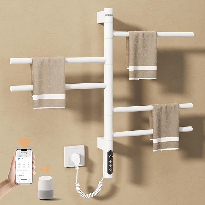 ENZE Smart Rotating Heated Towel Rack for Bathroom, Wall-Mounted Electric Towel Dryer with Swivel Bars, Smart Timer, Low Carbon Steel, IPX5, Plug-in/Hardwired, Towel Warmer with Wi-Fi App Control