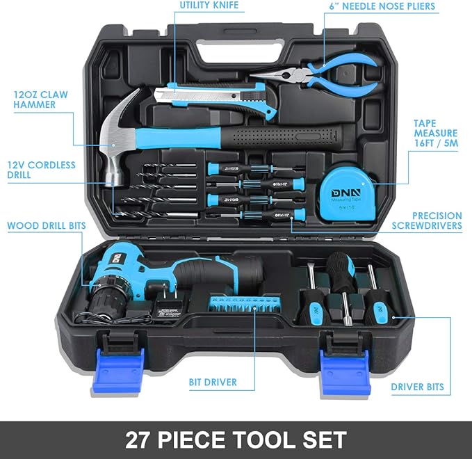DNA MOTORING 27pcs 12V 1300mAh Cordless Drill Set, Drill Driver Home Tool Kits Combination Tool Set, Tool Kit with Drill For Home, DIY, Maintenance, Blue, TOOLS-00017