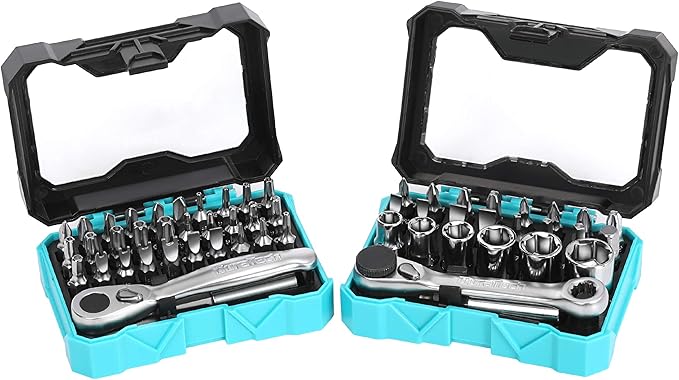 DURATECH 56-Piece 1/4" Mini Ratchet Wrench and Screwdriver Bit Set, 2-in-1, 72-Tooth and 60-Tooth with Bit Socket Set, Storage Cases Included