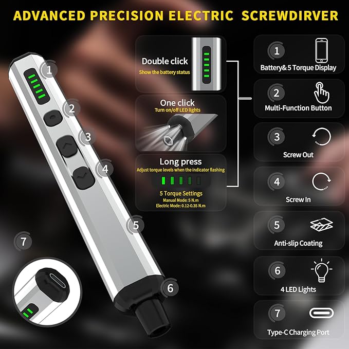 Mini Electric Screwdriver Set,3.7V Power Screwdriver Cordless Rechargeable,4 LED Lights,64 S2 Magnetic Bits,Magnetic Storage,Portable Repair Tool Kit for Electronics Watch Camera Phone Laptop (Grey)