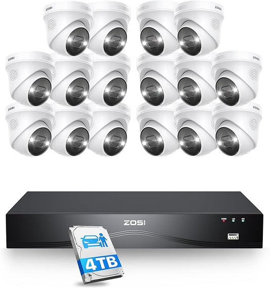 ZOSI 24CH 4K PoE Security Camera System with Face/Person/Vehicle Detection,16 Port 24CH 8MP NVR with 4TB HDD,2 Way Audio,Night Vision,16x 4K Outdoor IP Dome Cameras,Dual Disk-Backup for 24/7 Recording