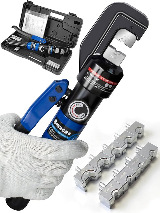 AMZCNC Hand Operated Hydraulic Crimping Tool Hydraulic Cable Lug Crimper 8 US TON 12 AWG to 00 (2/0) Electrical Terminal Cable Wire Tool Kit with 9 Die