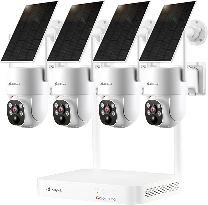 Kittyhok 2K Solar Security Camera System Wireless Outdoor, 4pcs ColorPura 360° PT Camera for Home Surveillance, Pro Color Night Vision, AI Detection, 10CH NVR, 60-Day Local Storage, No Subscription