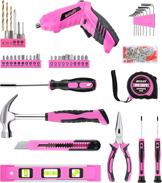 Pink Tool Set for Women, 126-Piece Lady's Power Screwdriver Cordless Rechargeable Set Home Repairing Tool Set with 13-Inch Wide Mouth Open Storage 126PCS 3.6V Electric Screwdriver Tool Bag
