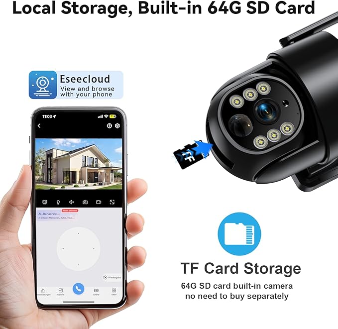 4G LTE Cellular Security Camera, Solar Powered Security Cameras Wireless Outdoor No WiFi Needed, with SIM Card, 2K Color Night Vision, Human Detection Alert, with 64G SD Card, 2-Way Audio, 360° View